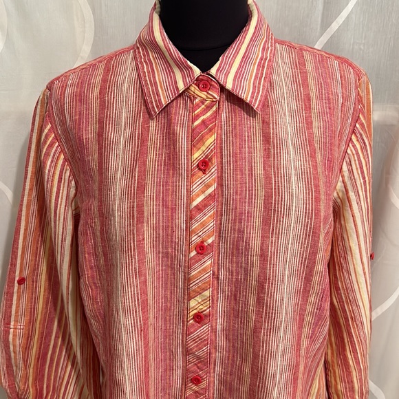 Coldwater Creek, Pink Striped, 100% Linen, Button Down Top With Roll Tab Sleeves - Picture 2 of 6